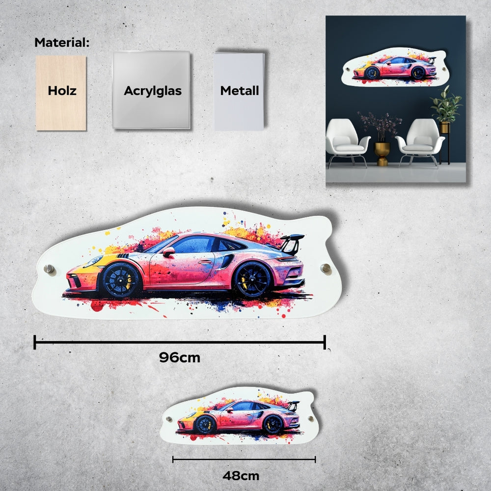 Sportliches Auto Wandbild in Farbe – Design Silhouette aus Acryl, Holz oder Metall