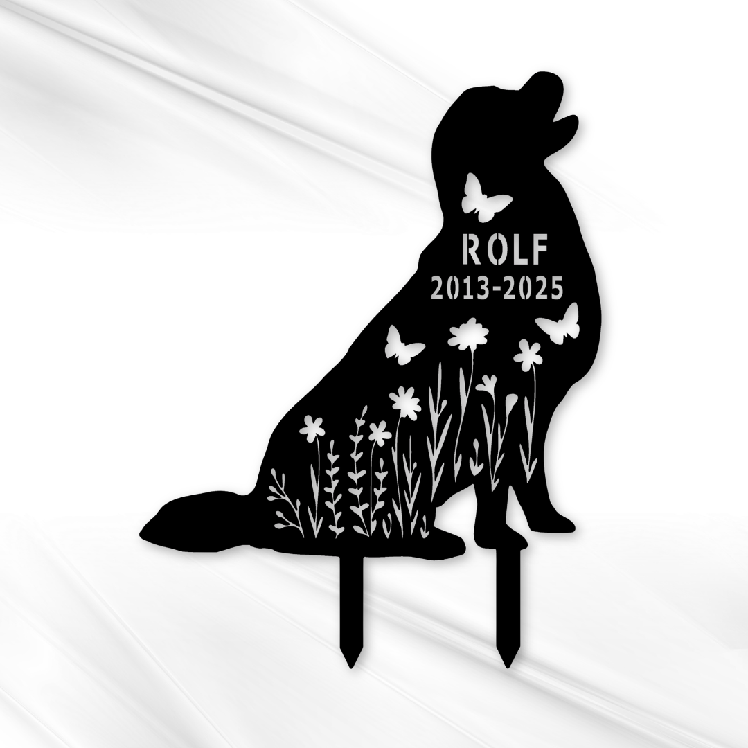 Personalisierte Hunde-Gedenktafel aus Metall – Silhouette mit Blumen & Name
