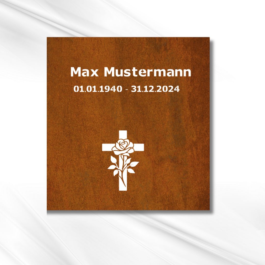 Gedenktafel mit Kreuz & Rose – personalisierbar aus Metall