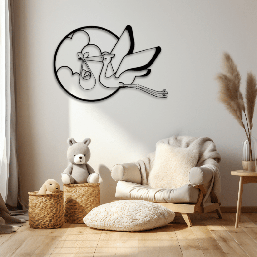 Wandbild "Storch Baby is Coming" – Nachswuchs Wanddeko aus Metall - Laserfactory Austria