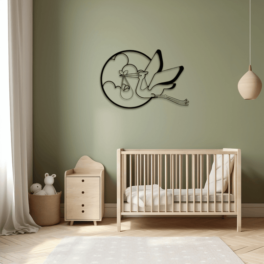 Wandbild "Storch Baby is Coming" – Nachswuchs Wanddeko aus Metall - Laserfactory Austria